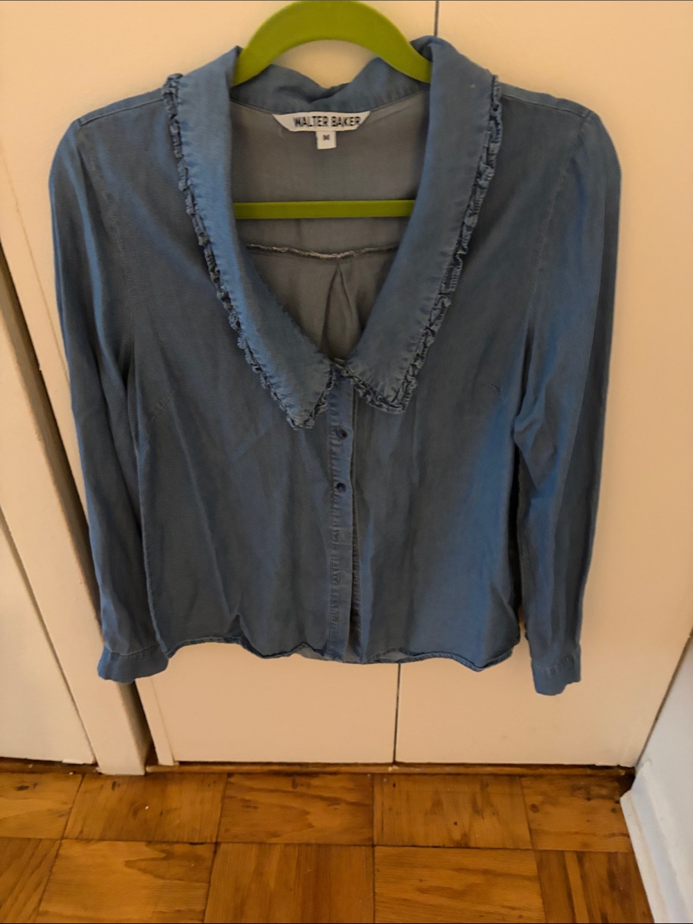 Walter Baker Denim-Blue Ruffle Collar Button-Down Top